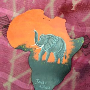 Hand Chiseled African Map with Elephant Painting Wall Art curving